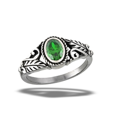 Stainless Steel Braided Emerald CZ Ring With Swirls And Leaves