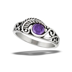 Stainless Steel Leaf Ring With Amethyst CZ And Swirls