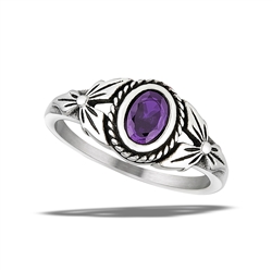 Stainless Steel Braided Ring With Side Flowers And Amethyst CZ