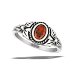 Stainless Steel Braided Ring With Side Flowers And Garnet CZ