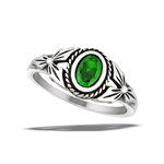 Stainless Steel Braided Ring With Side Flowers And Emerald CZ