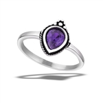 Stainless Steel Teardrop Ring With Granulation And Amethyst CZ