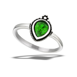 Stainless Steel Teardrop Ring With Granulation And Emerald CZ
