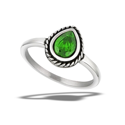 Stainless Steel Braided Teardrop Ring With Emerald CZ