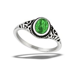 Stainless Steel Braided Oval Ring With Emerald CZ And Swirls