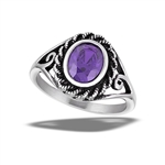 Stainless Steel Braided Oval Ring With Squiggle And Amethyst CZ