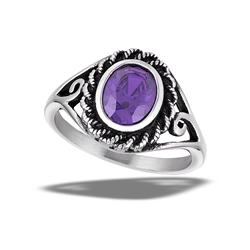 Stainless Steel Braided Oval Ring With Squiggle And Amethyst CZ
