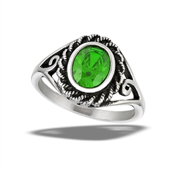 Stainless Steel Braided Oval Ring With Squiggle And Emerald CZ