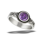 Stainless Steel Braided Round Ring With Squiggle And Amethyst CZ