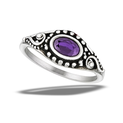 Stainless Steel Bali Style Ring With Granulation And Amethyst CZ