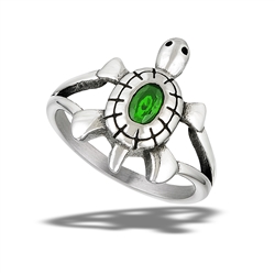 Stainless Steel Crawling Turtle Ring With Emerald CZ