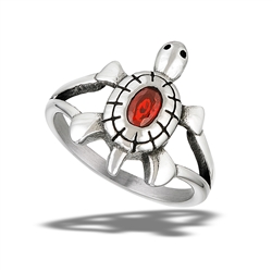 Stainless Steel Crawling Turtle Ring With Garnet CZ
