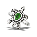 Stainless Steel Detailed Turtle Ring With Emerald CZ