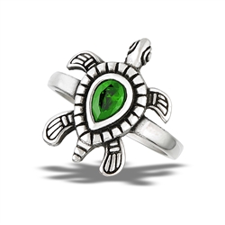 Stainless Steel Detailed Turtle Ring With Emerald CZ