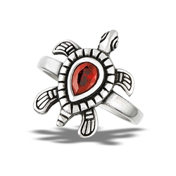 Stainless Steel Detailed Turtle Ring With Garnet CZ