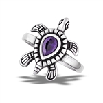 Stainless Steel Detailed Turtle Ring With Amethyst CZ