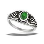 Stainless Steel Bali Style Ring With Flowers And Emerald CZ