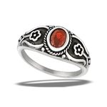 Stainless Steel Bali Style Ring With Flowers And Garnet CZ