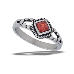 Stainless Steel Braided Square Ring With Granulation And Garnet CZ