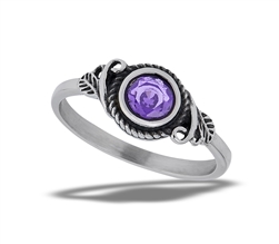Stainless Steel Braided Amethyst CZ Ring With Swirl Embellishments