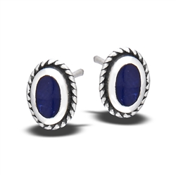 Sterling Silver Oval Stud Earring with Oxidized Braiding And Synthetic Lapis
