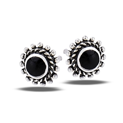Sterling Silver Bali Style Granulation Stud Earring With Synthetic Black Onyx