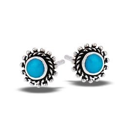 Sterling Silver Bali Style Granulation Stud Earring With Synthetic Turquoise