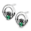 Sterling Silver Claddagh Stud Earring with Synthetic Emerald