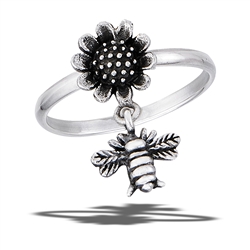 Sterling Silver Bumble Bee Hovering Near Sunflower Ring