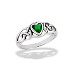 Sterling Silver Celtic Heart Ring With Simulated Emerald