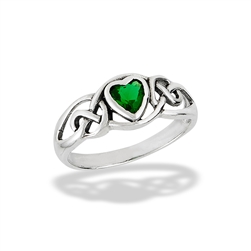 Sterling Silver Celtic Heart Ring With Simulated Emerald