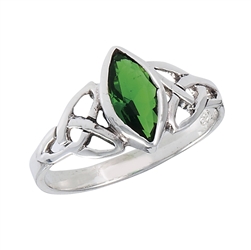 Sterling Silver Celtic Ring With Side Triquetras And Marquis Synthetic Emerald