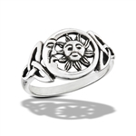 Sterling Silver Crescent Moon And Sun Celtic Ring With Side Triquetras