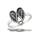 Sterling Silver Detailed Angel Wings Holding Heart Ring