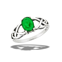 Sterling Silver Celtic Ring With Synthetic Emerald And Side Triquetras