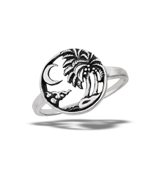 Sterling Silver Coconut Palm Trees And Crescent Moon Ring