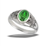 Sterling Silver Synthetic Emerald Ring With Side Cannabis Leaves