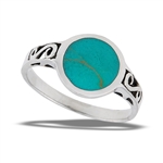 Sterling Silver Round Synthetic Turquoise Ring With Side Swirls