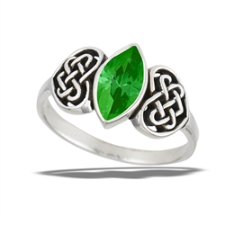 Sterling Silver Synthetic Emerald Marquise Ring With Side Celtic Knot Hearts