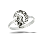 Sterling Silver Raven On Crescent Moon With Pentagram Ring