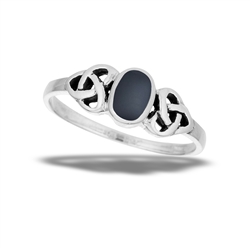 Sterling Silver Celtic Ring with Synthetic Black Onyx And Side Triquetras