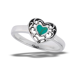 Sterling Silver Filigree Heart Ring With Synthetic Turquoise