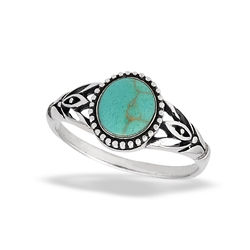 Sterling Silver Granulated Circular Ring With Synthetic Turquoise And Detailed Side Accents
