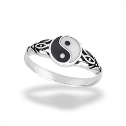 Sterling Silver Yin And Yang Ring With Three Petal Flowers
