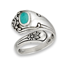 Sterling Silver Spoon Ring with Synthetic Turquoise and Flowers