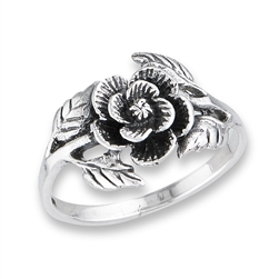 Sterling Silver Rose With Leaves Ring