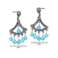 Sterling Silver Cute Marcasite Earring With Dangling Synthetic Blue Topaz