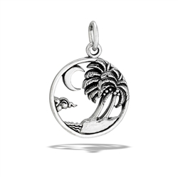 Sterling Silver Seaside Palm Trees With Crescent Moon Pendant