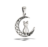Sterling Silver Interwoven Crescent Moon With Sitting Cat Pendant