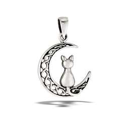 Sterling Silver Interwoven Crescent Moon With Sitting Cat Pendant